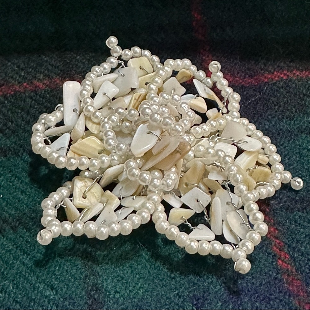 Pearl and shell wire beaded floral brooch